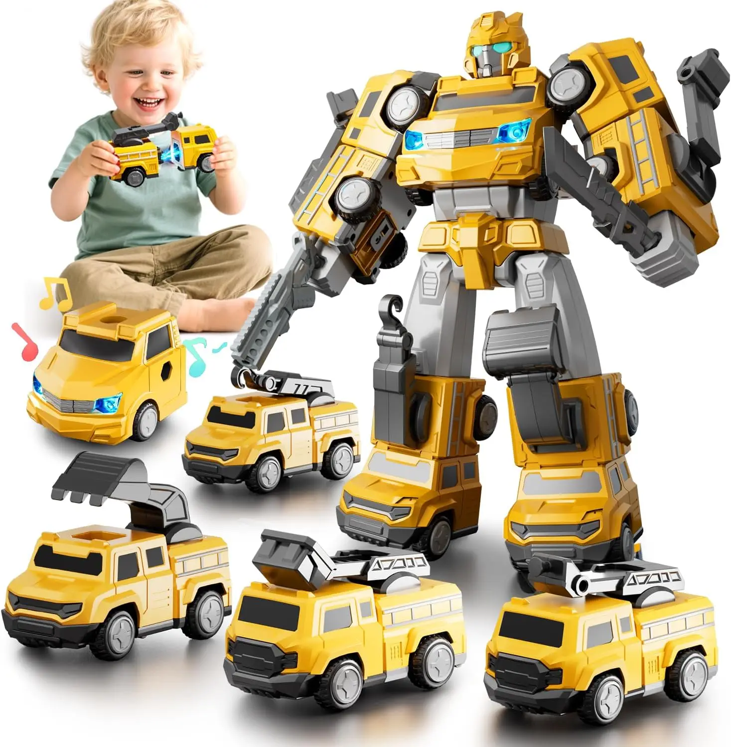 Magnetic Transform Cars Robot Toy Set, DIY Assembly STEM Engineering Trucks for Kids Ages 3-7, Yellow