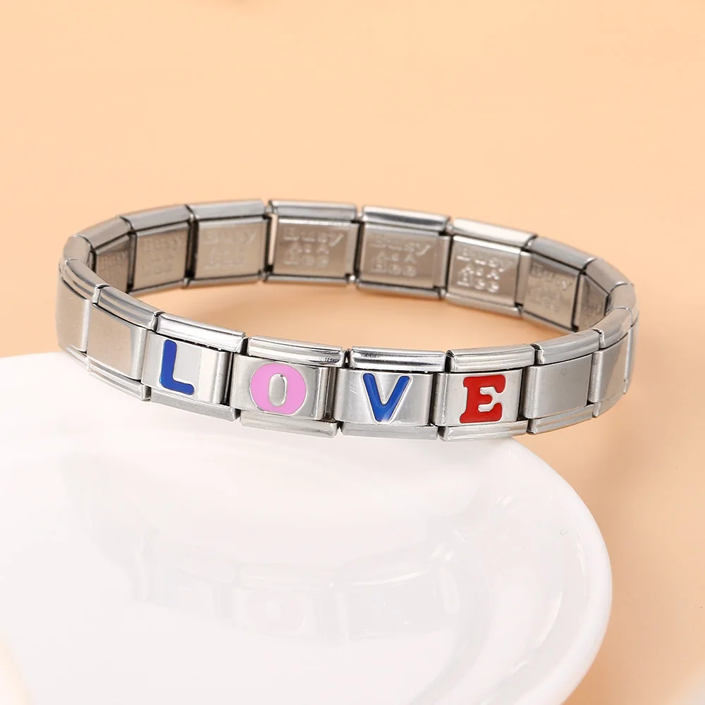 1 stück Bunte 26 Buchstaben Charme Edelstahl Italienische Elastische Link Armband Öl Tropfen Mode Schmuck Zubehör DIY Machen – Detail 3