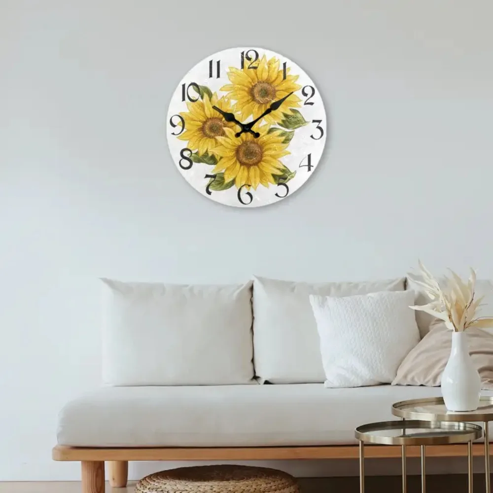 

Creative Retro Sunflower Clock Wooden Round Silent Wall Clock Modern Non-Ticking Hanging Wall Decor Clocks Bedroom