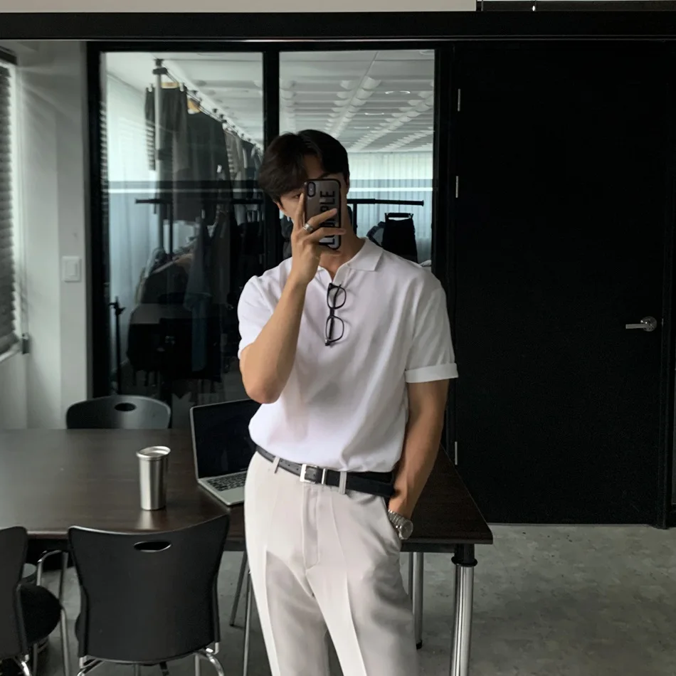 

Loose Fit Casual Summer Men's T-irt irt ort Sve Turn-down Collar Trendy American Brand Dongda Gate