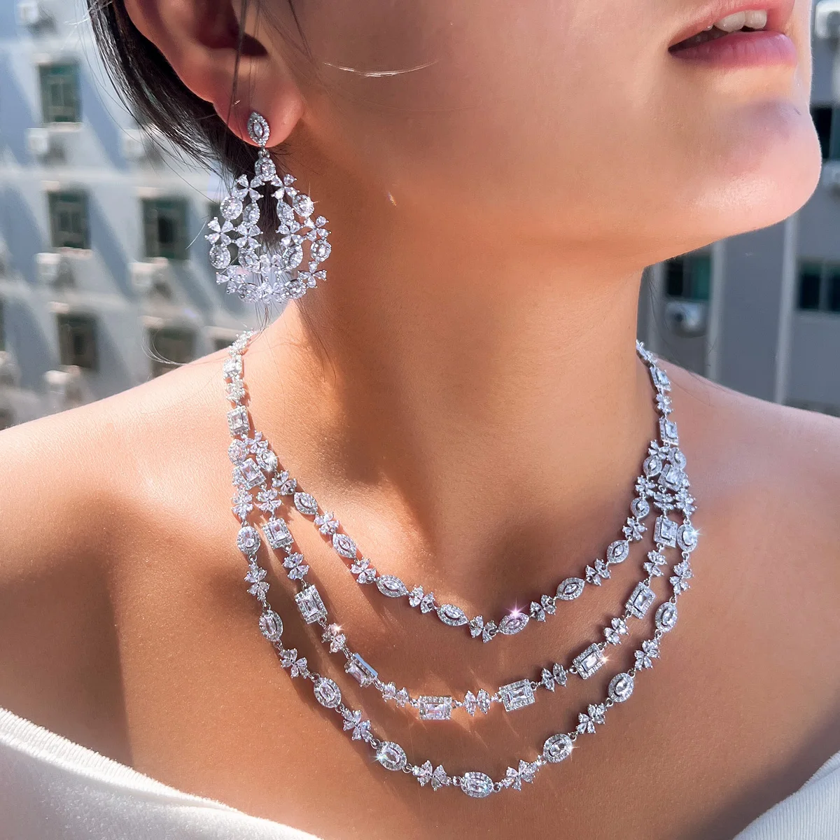 CWWZircons Luxury Shiny Dubai Cubic Zircon Paved Layered Wedding Necklace Earrings Bridal Jewelry Sets Costume Accessories T0681