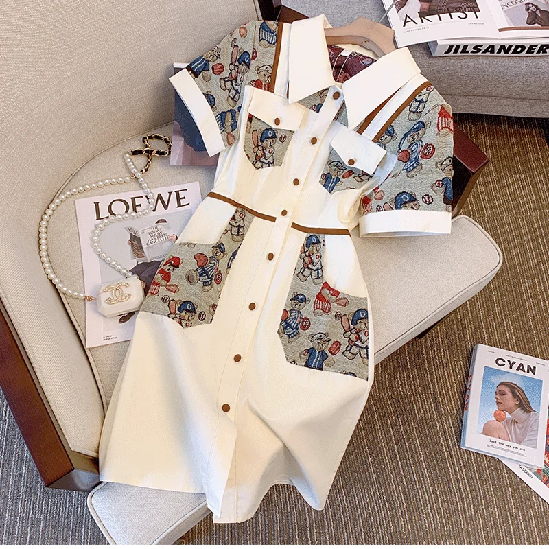 

Female Fashion Patchwork Printing Turn-down Collar Midi Dress Summer Fashionable Buttons Pocket Ladies Dresses Women Clothing