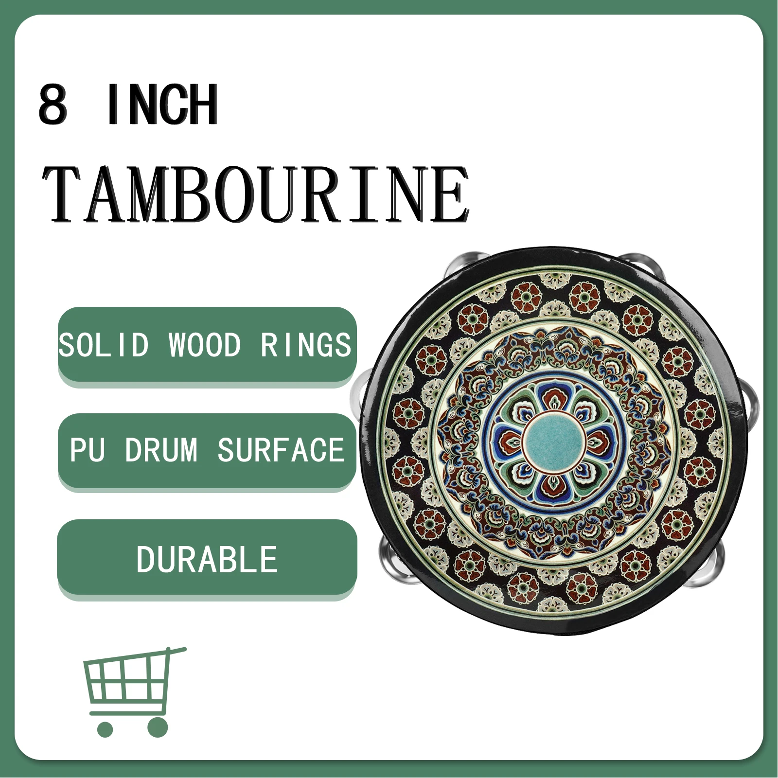 8-Zoll-Tamburin-Handtrommel im Dunhuang-Stil, Edelstahl-Glocken, Trommeln, Percussion, Musikinstrumente, Orff, schwarze Blumentrommeln