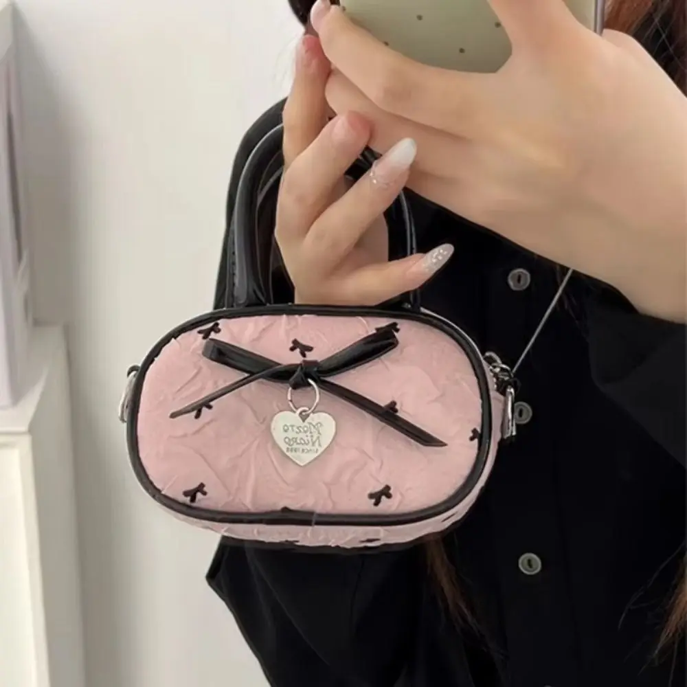 

Y2K Bow Polka Dot Crossbody Bag Street Style Love Pendant Mini Top-Handle Bag Solid Color Large Capacity Vintage Handbag Girl