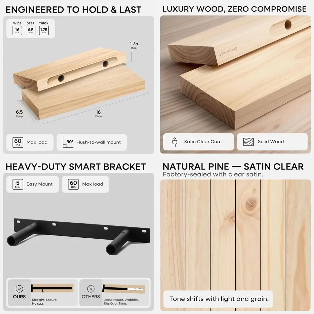 

Набор из 4–16 плавающих настенных полок премиум-класса из натурального дерева, глубиной 6,5, для тяжелых условий эксплуатации, 16x6,5x1,75 дюймов