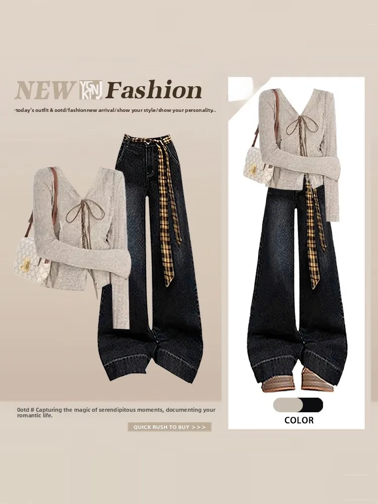 

Khaki Belted Long Sve Thin T-irt Denim Lace Trim Slim Fit Top Spring Deep Blue Jeans Two Piece Set Women's Faion Ensemble