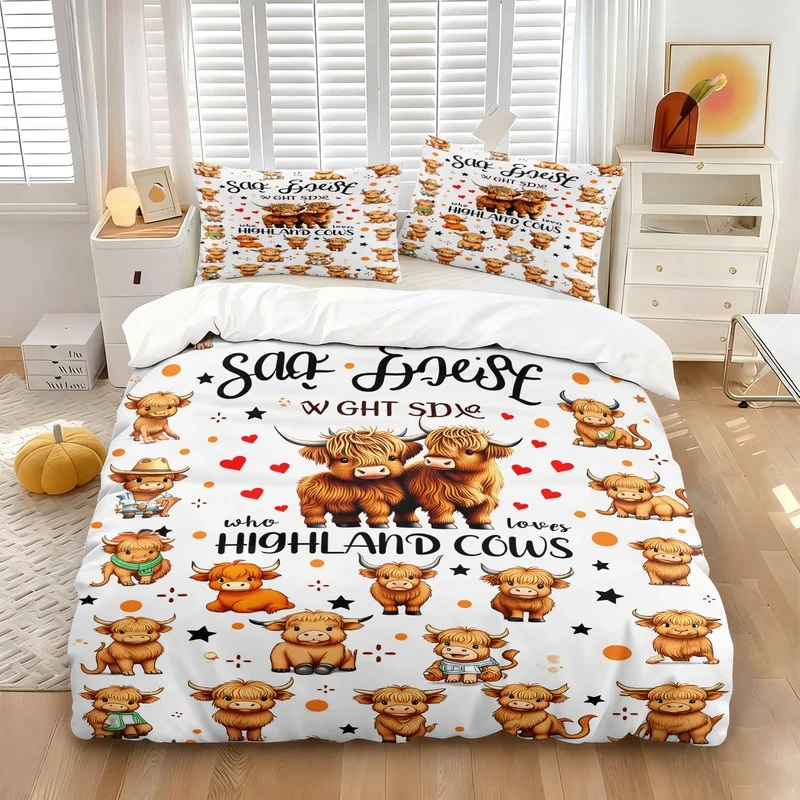 Cute Highland Cow Duvet Cover Set(1 Duvet Cover & 1/2 Pillowcase) Cartoon Animal Bedding Set Soft Microfiber Bed for Bedroom