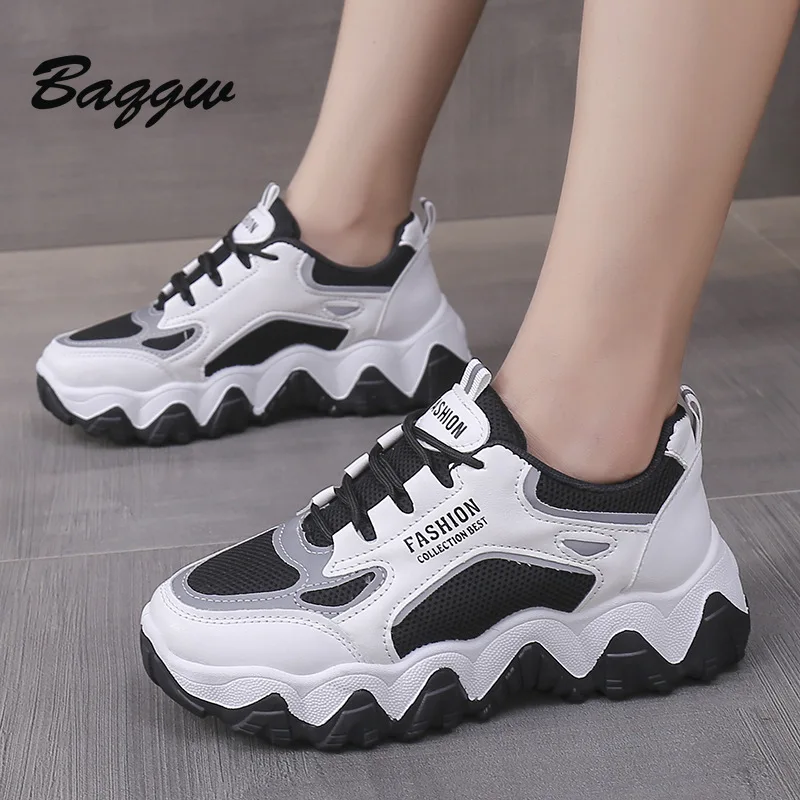 Color Block Fahion Chunky White Sneakers Shoes Thick Bottom Fashion Breathable Casual Non-slip Running Shoe for Woman Female