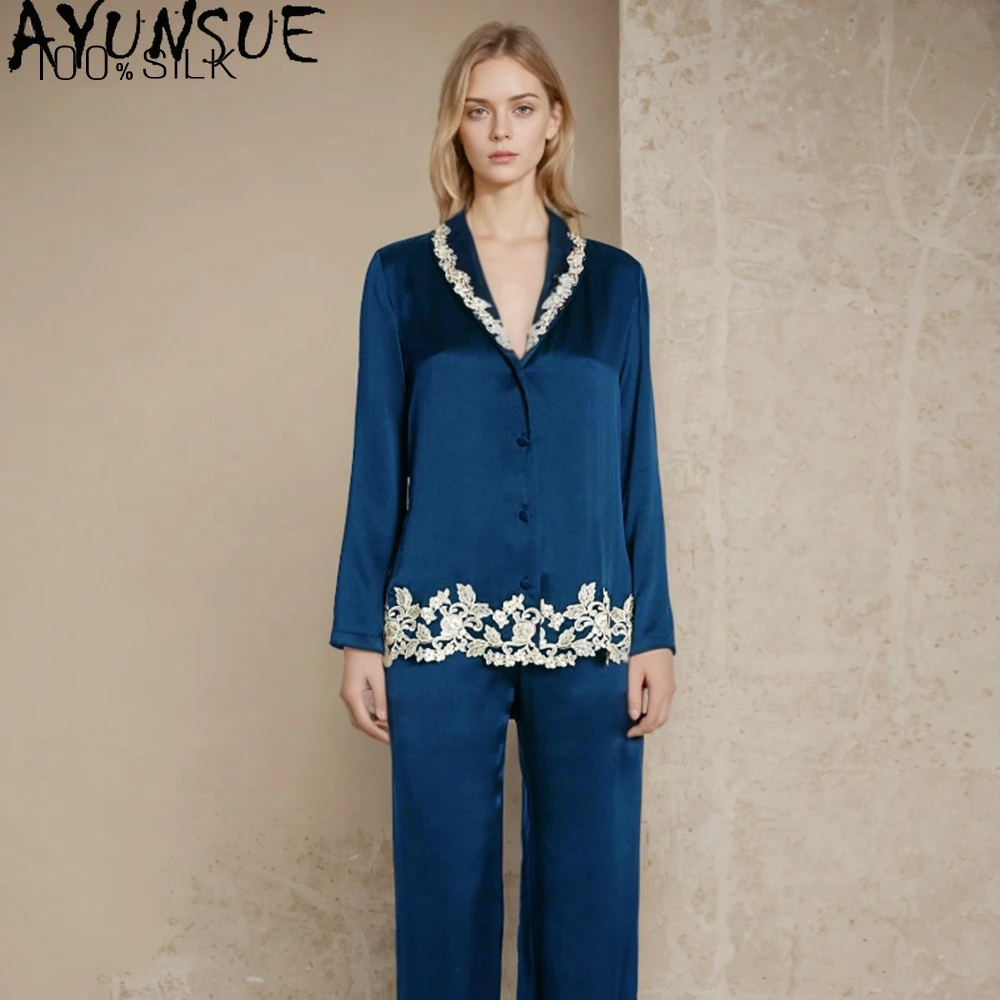 AYUNSUE 19Mm 100% Mulberry Silk Sleepwear Women Clothes Casual Pants Long Sleeve Tops Spring Summer Pajama Sets Two-piece Set