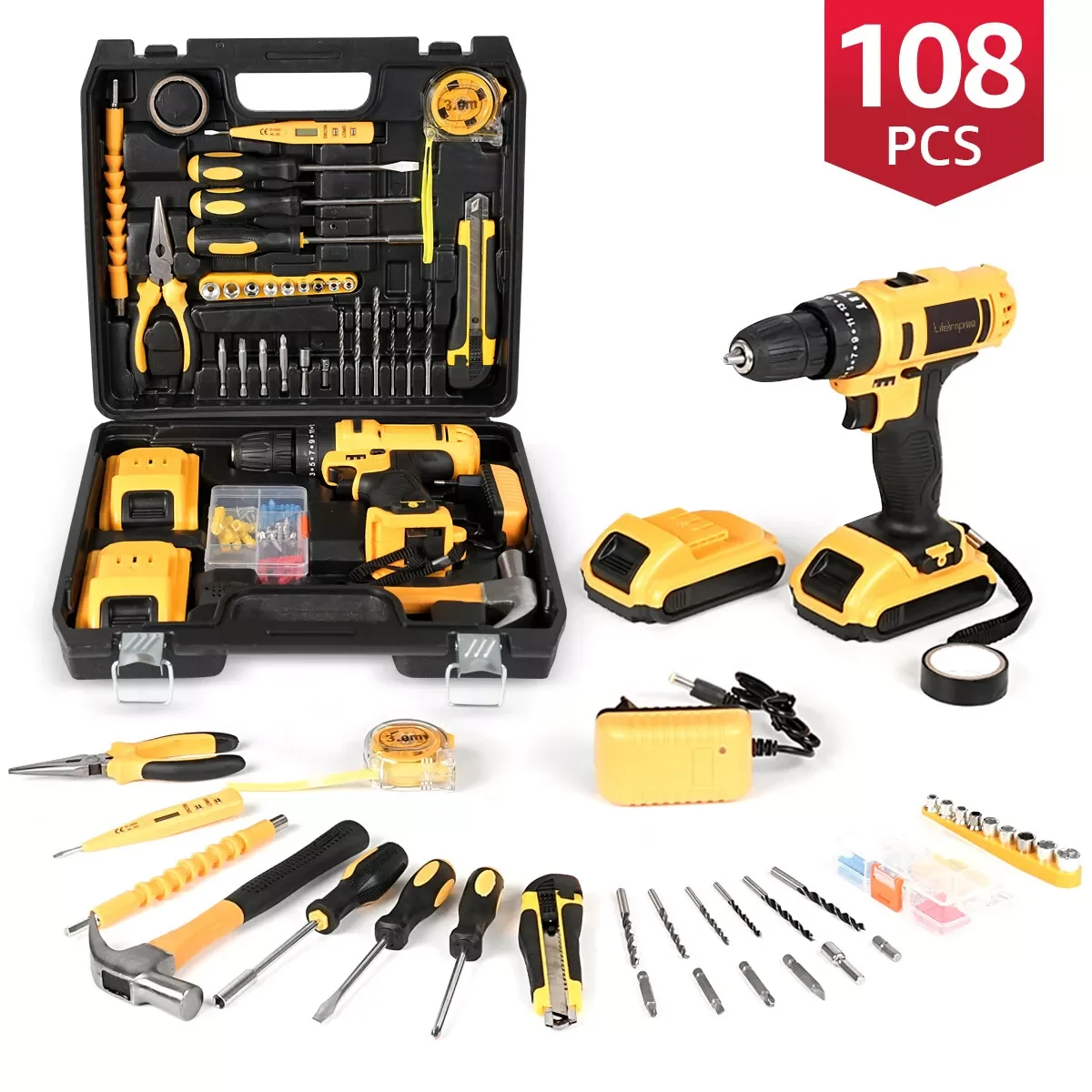 

Tools Set of 108Pcs Power Tools Kits Electric Drill Hand Tools Set 21V Power Drill for DIY Portable
