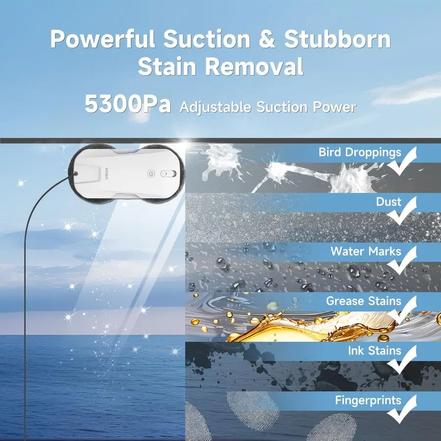روبوت تنظيف النوافذ T11، رذاذ الماء التلقائي 4 اتجاهات، شفط قوي 5300 باسكال، تنظيف عالي السرعة، lt60dB UltraQuiet، نافذة رفيعة 60 مم #3