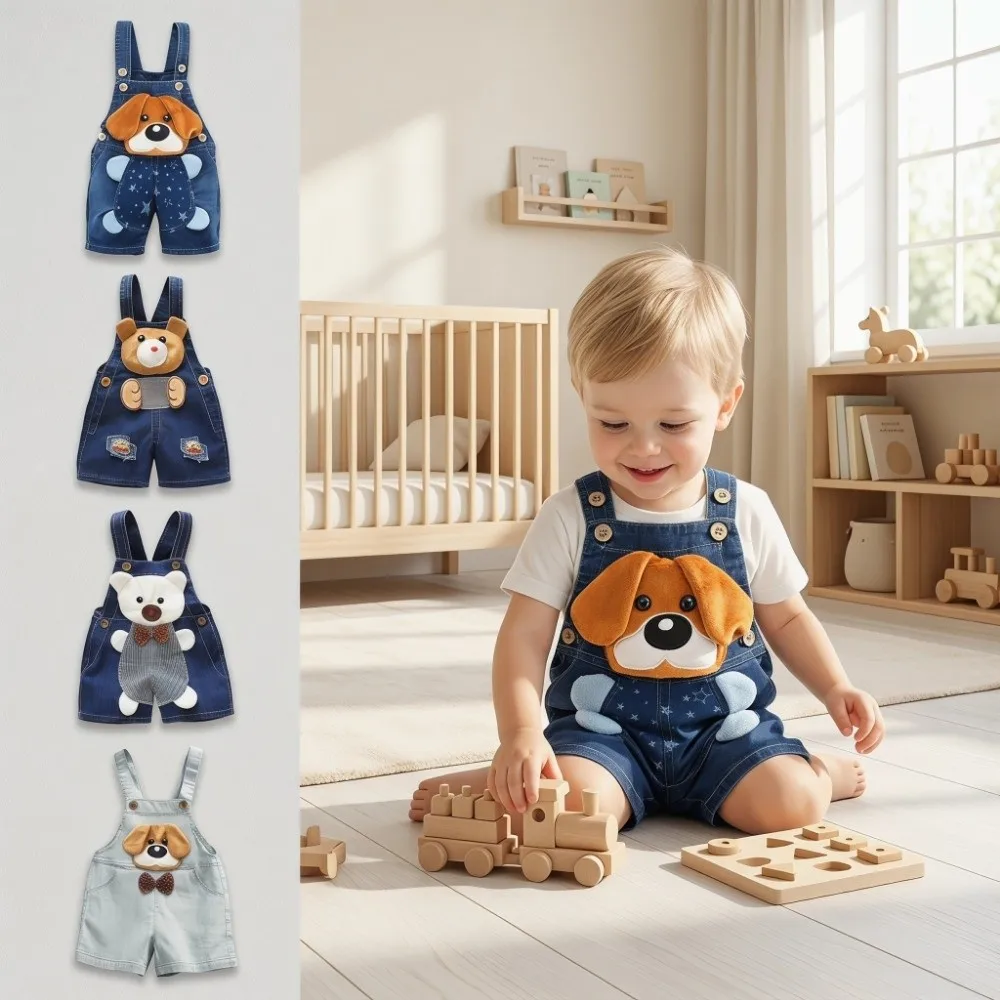 Cartoon Print Kids Denim Overalls Lightweight Denim Short Children Denim Dungarees Casual Denim Fabric Jumper Pants Summer
