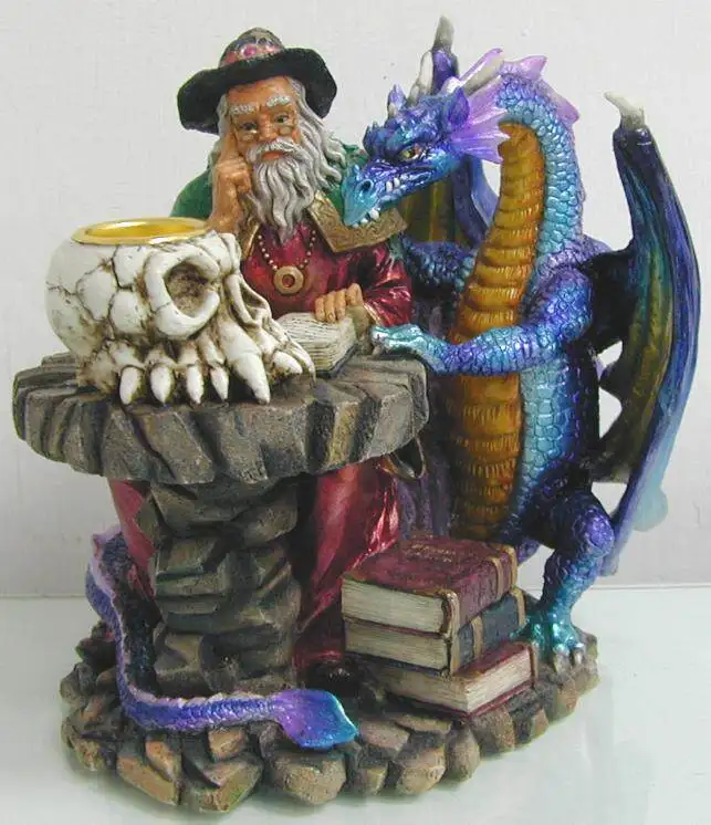 Wizard And Blue Dragon Resin Figurine Fantasy Magic Skull Book Statue Gothic Myth Scene Desktop Ornament Collectible Sculpture