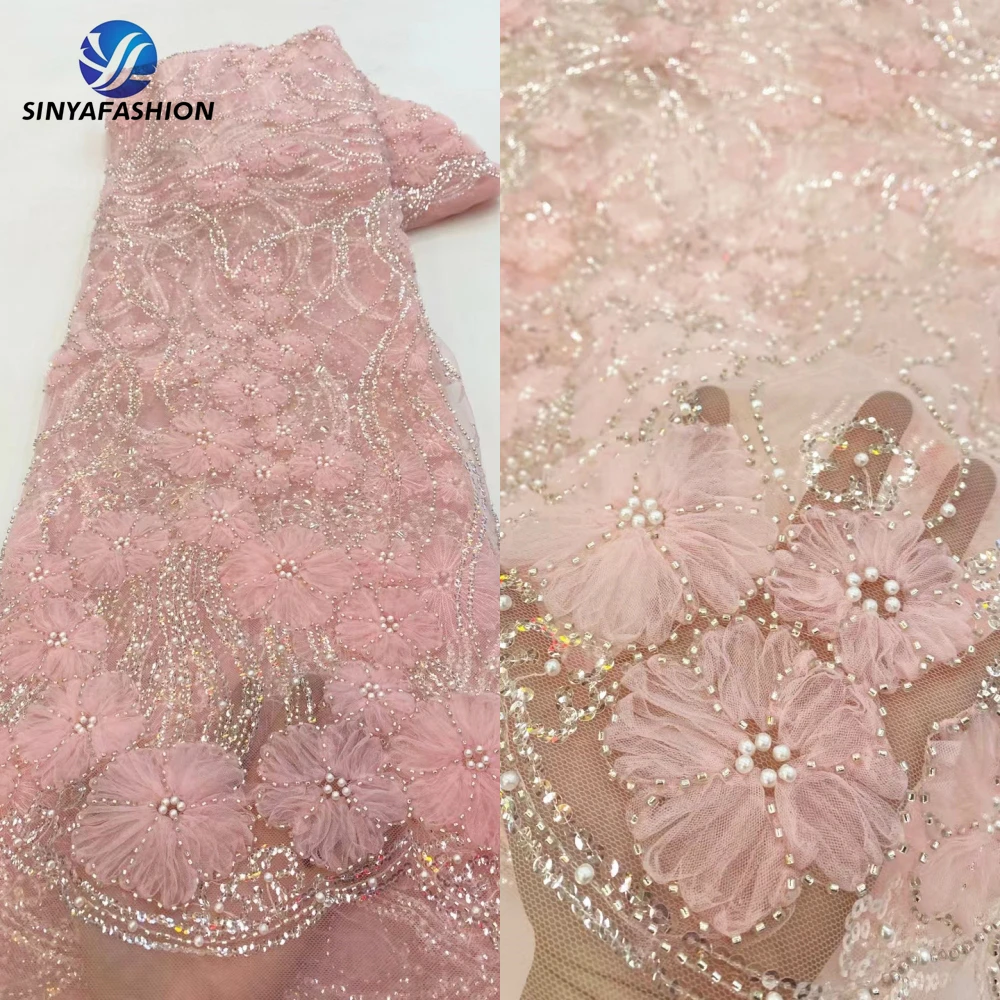 Sinya Embroidery Sequins Pearls African Nigerian French Tulle 3D Lace Fabric High Quality 2024 Luxury Bridal beaded Wedding Lace