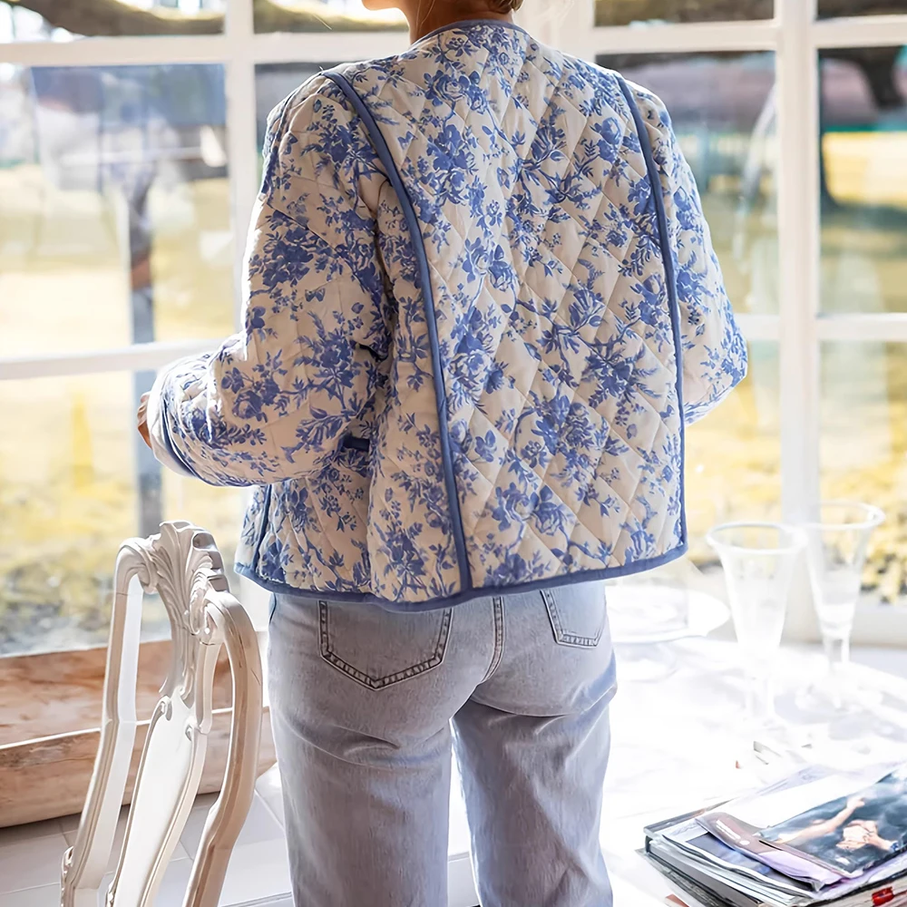 เสื้อแจ็คเก็ตผ้าฝ้ายทรงหลวมแฟชั่นสตรีแขนยาวน้ำหนักเบาเปิดด้านหน้าพิมพ์ลายหรูหรา