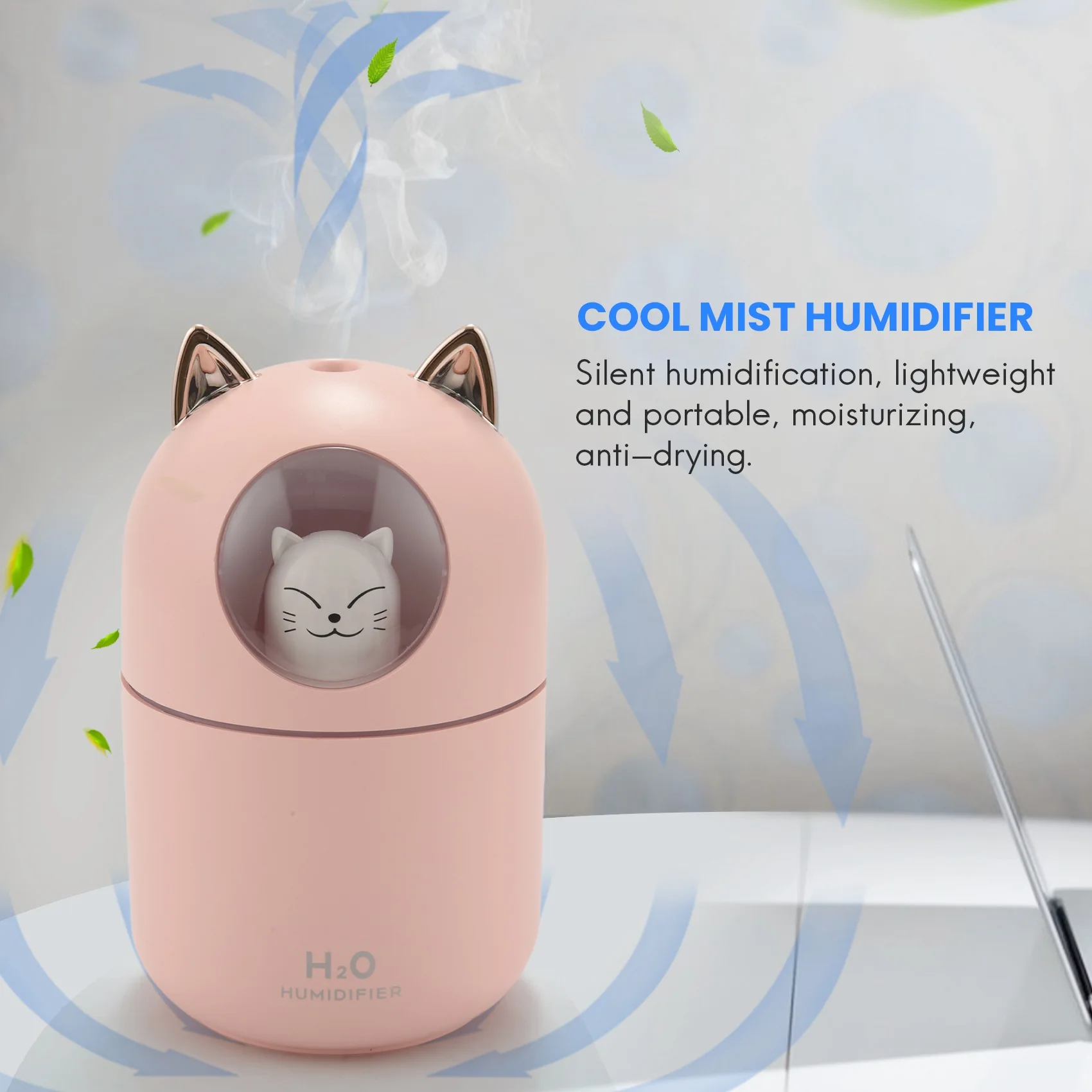 Humidificateur à brume fraîche avec chat mignon pour la maison, veilleuse, air pur essentiel pour chambre de bébé, fonctionnement silencieux et facile à nettoyer, rose