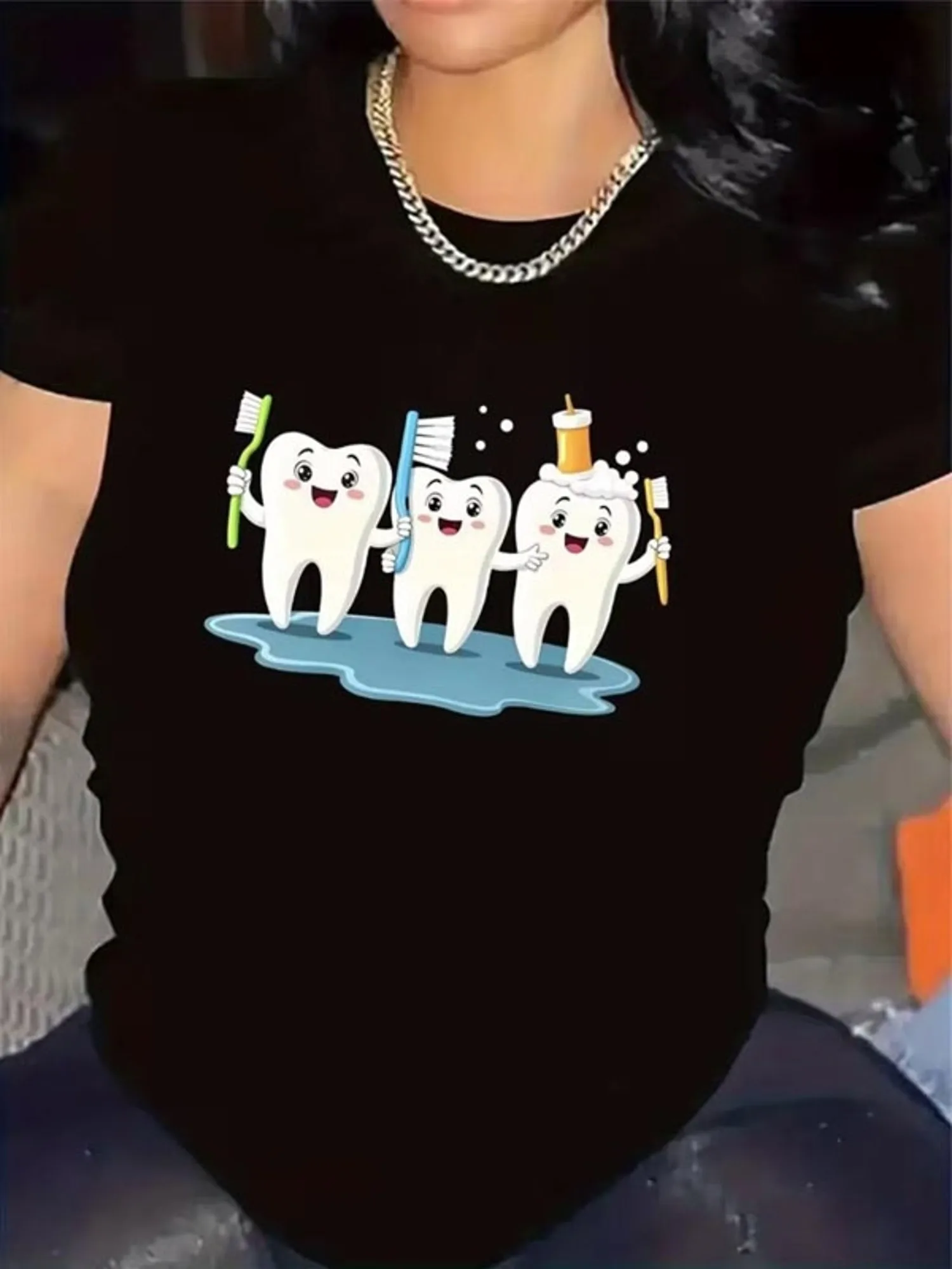 Ladies'  Cute Cartoon Teeth Dental Hygiene Printed Comfortable Casual Top Is Very Suitable for Holiday Daily Casual Wear