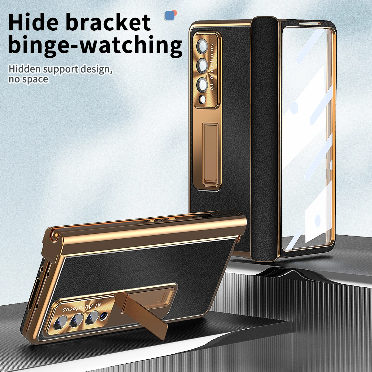 With Touch Pen For Samsung Galaxy Z Fold 6 5 4 3 2 Case Hinge Leather Plating Magnetic Kickstand Full Screen Protector Cover