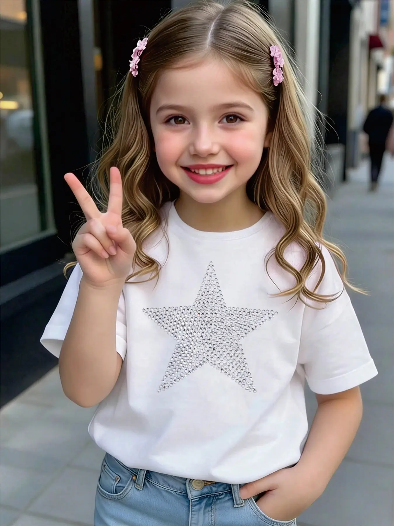 Kids Girls Crew Neck  T-Shirt, Rhinestone Five-pointed Star Bling Sparkle Print Short Sleeve Casual Basic Tee