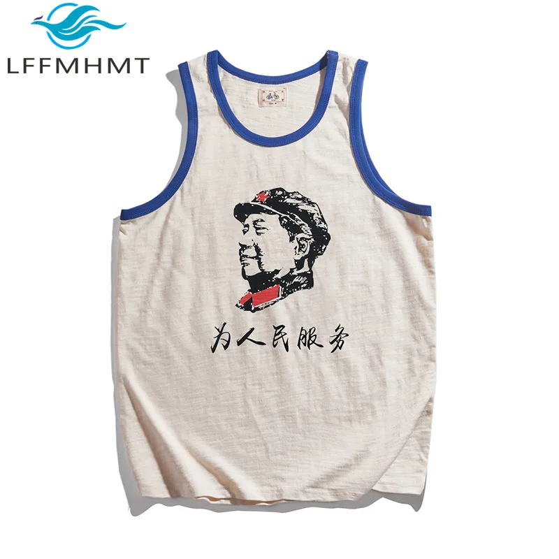 230G/M² Cotton Good Quality Vintage Vest Men's Summer Fashion Simple  Blue Patchwork President Mao Print Sleeveless Tank Tops