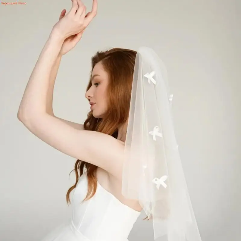 Q5WE Short Bridal Veil with Glittering Bowknot Detail and Tulle Comb for Women