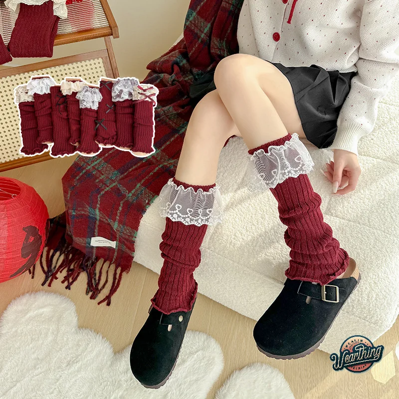 

Autumn And Winter Anchor Red Leg Sets Lolita Korean Lace New Year Christmas Red Ballet Style Jk Calf Socks