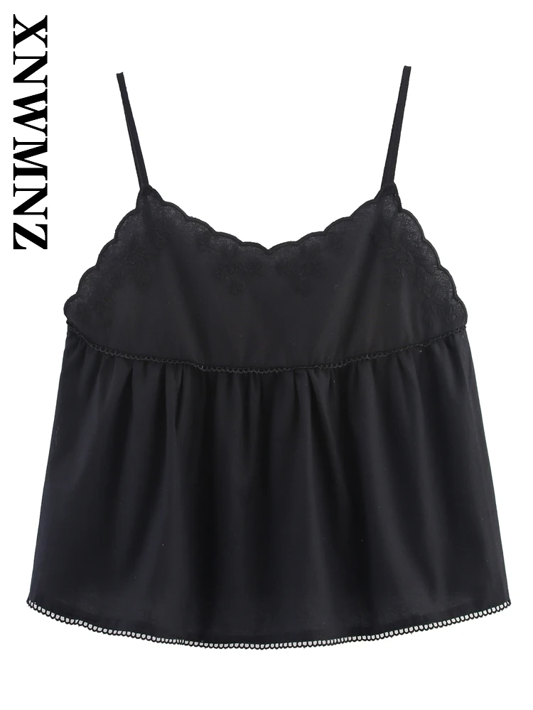 

XNWMNZ 2025 Autumn New Lady Casual Holiday thin shoulder strap Sleeveless Slip Top European and American Sexy Female Lace Simple