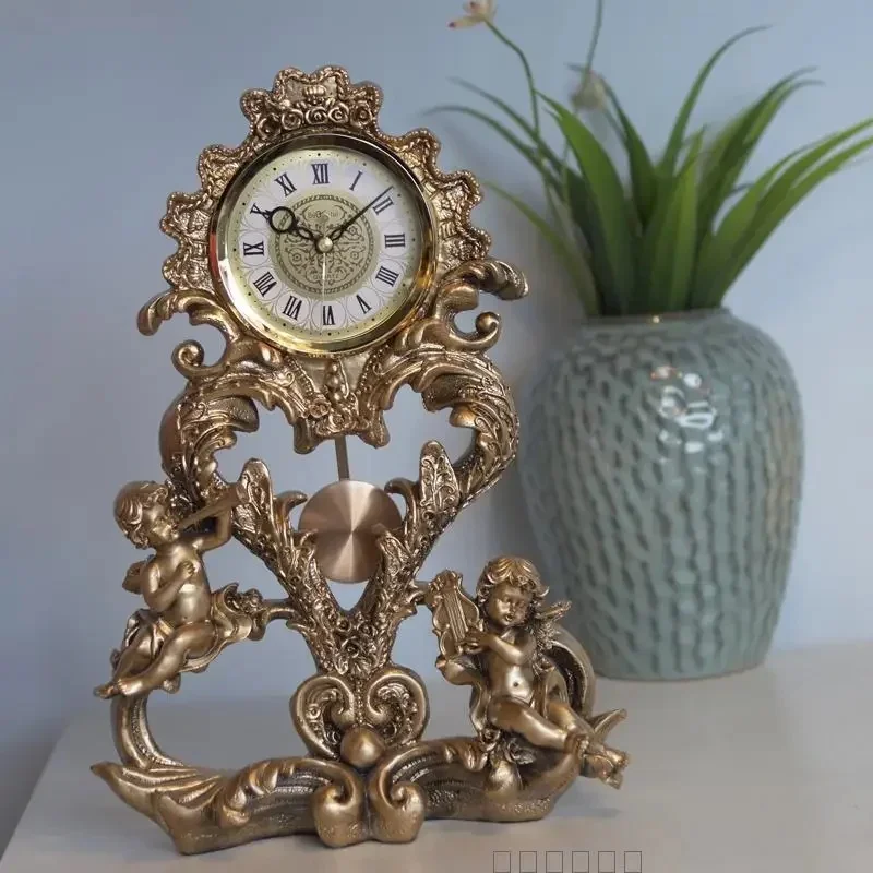 Vintage Table Clock Pendulum Clocks Golden Statue Musical Theme Living-Room Decoration Quarts Resin Antique Scenic WF