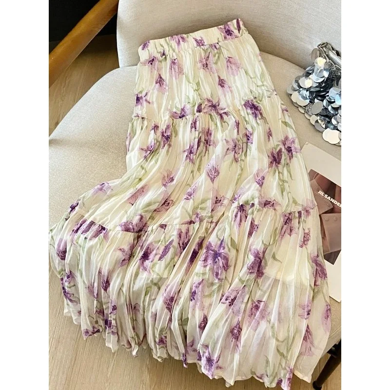 French New Purple Floral Print Tiered Pleated Midi Skirt High-waist Flowy Chiffon Skirt For Women Country Garden Vacation Outfit