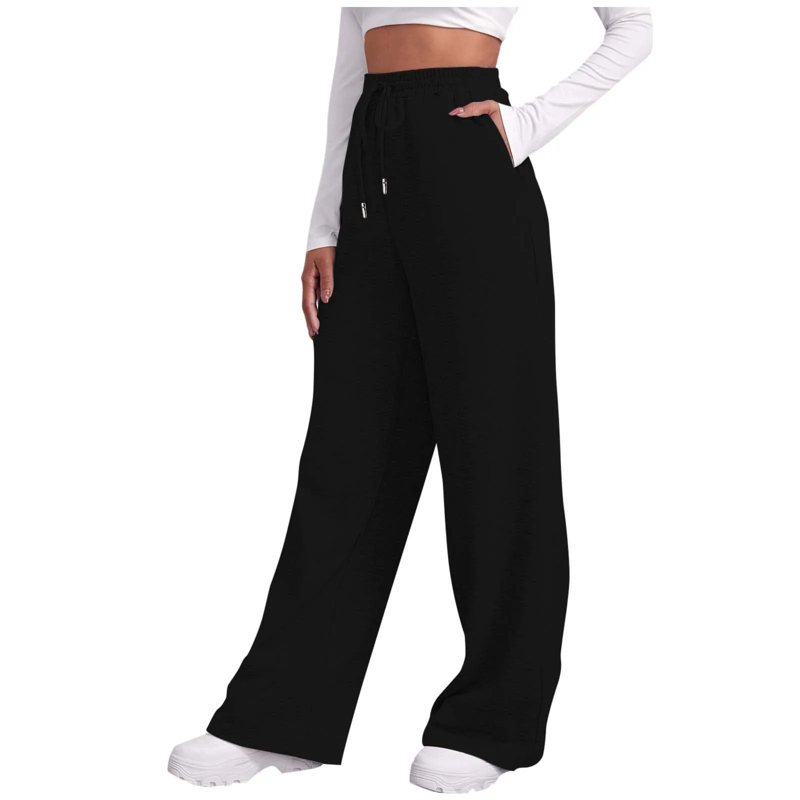 Caleçon droit taille haute pour femme, pantalon large à lacets, pantalon de sport décontracté, monochrome, mode, document, automne et hiver