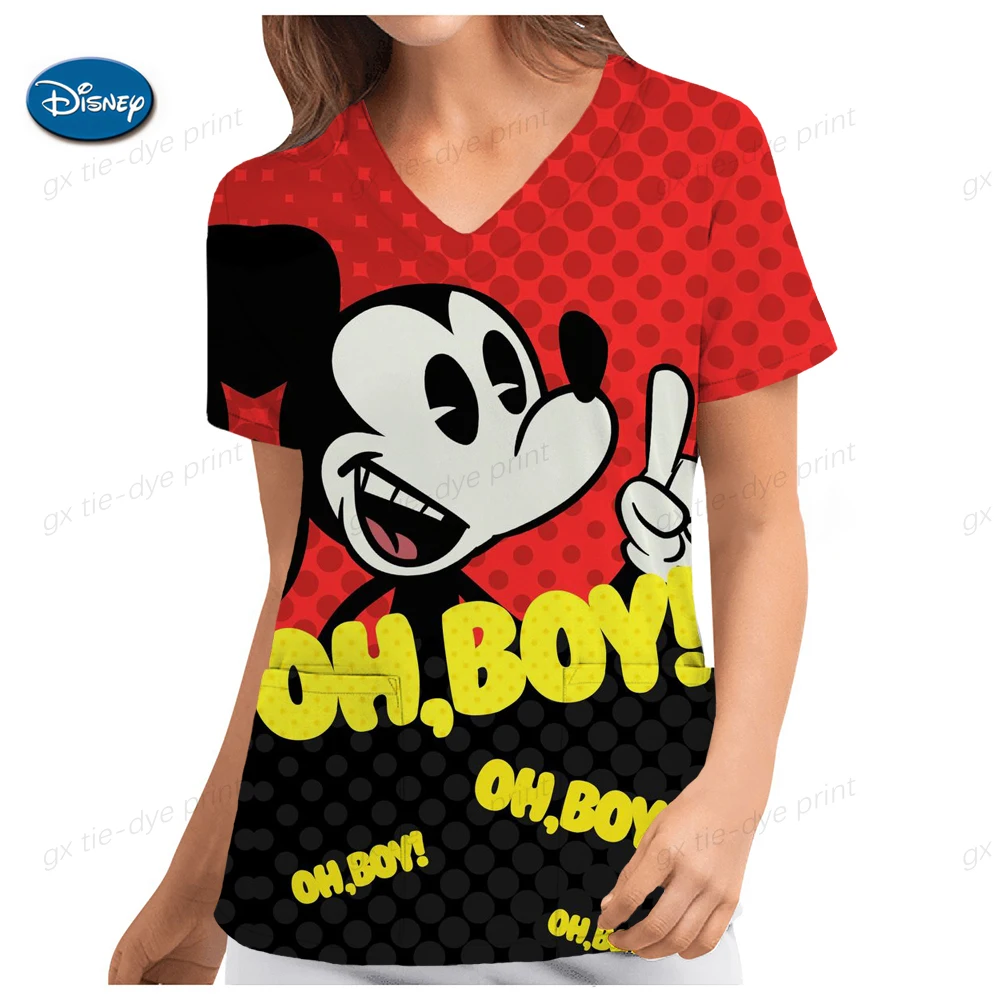 Disney Mickey Mouse print Nurse Working Blouse Medical Overalls Uniforms Healthcare Nurse Uniform Womens Short Sleeve V Neck