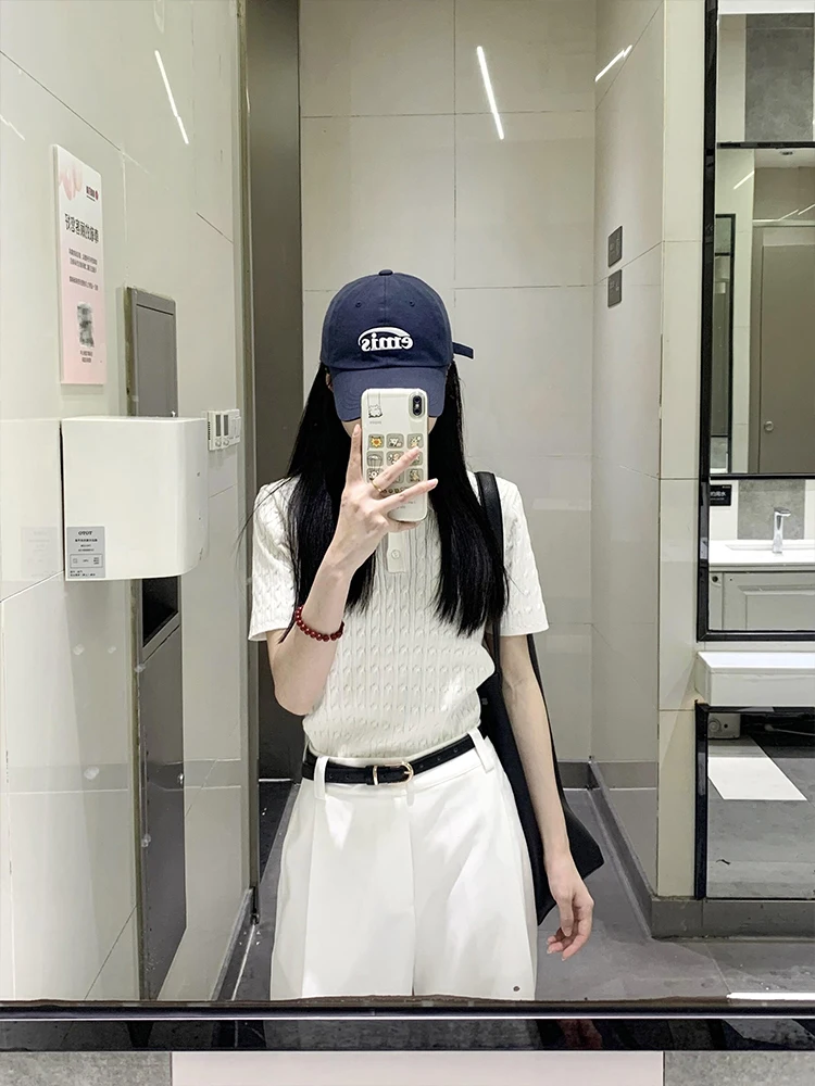 

Knot Knitted ort Sve Ne T-irt Women's Summer New Sle Letter Embroidery College Sle Polyester Fiber Casual Wear