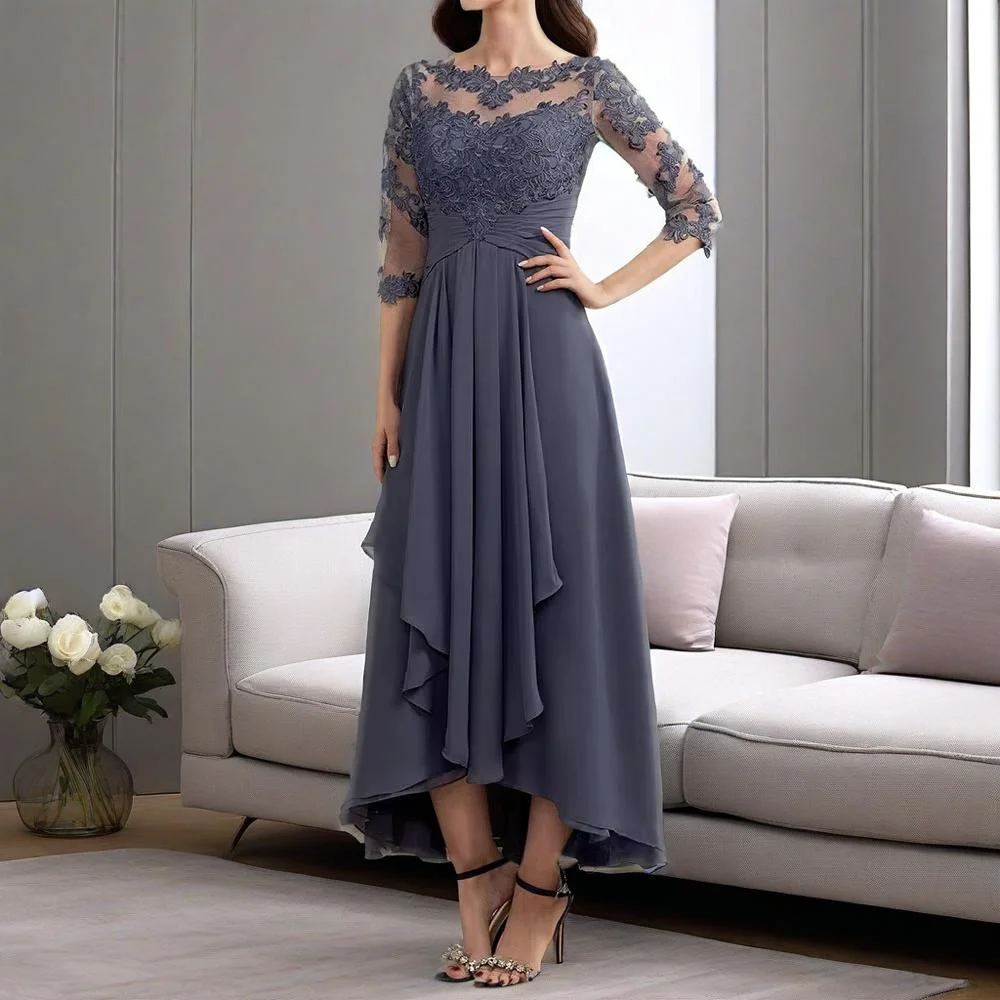 

Customized Women's Mother of Bride Dresses - Tea Length Formal Gown with Lace Applique and 3/4 Sleeve Ruched Waist for Wedding​