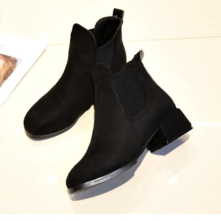 Women Ankle Boots Autumn Winter Boots Slip-on Round Toe Square Heel Solid Casual Black Camel Booties