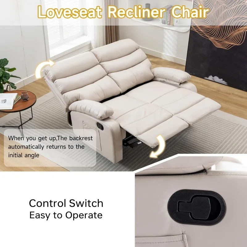 Loveseat Recliner Sofa, Small Sofa Couch, PU Leather Reclining Sofa 2-Seater Manual Double Seater Recliner with Side Pockets