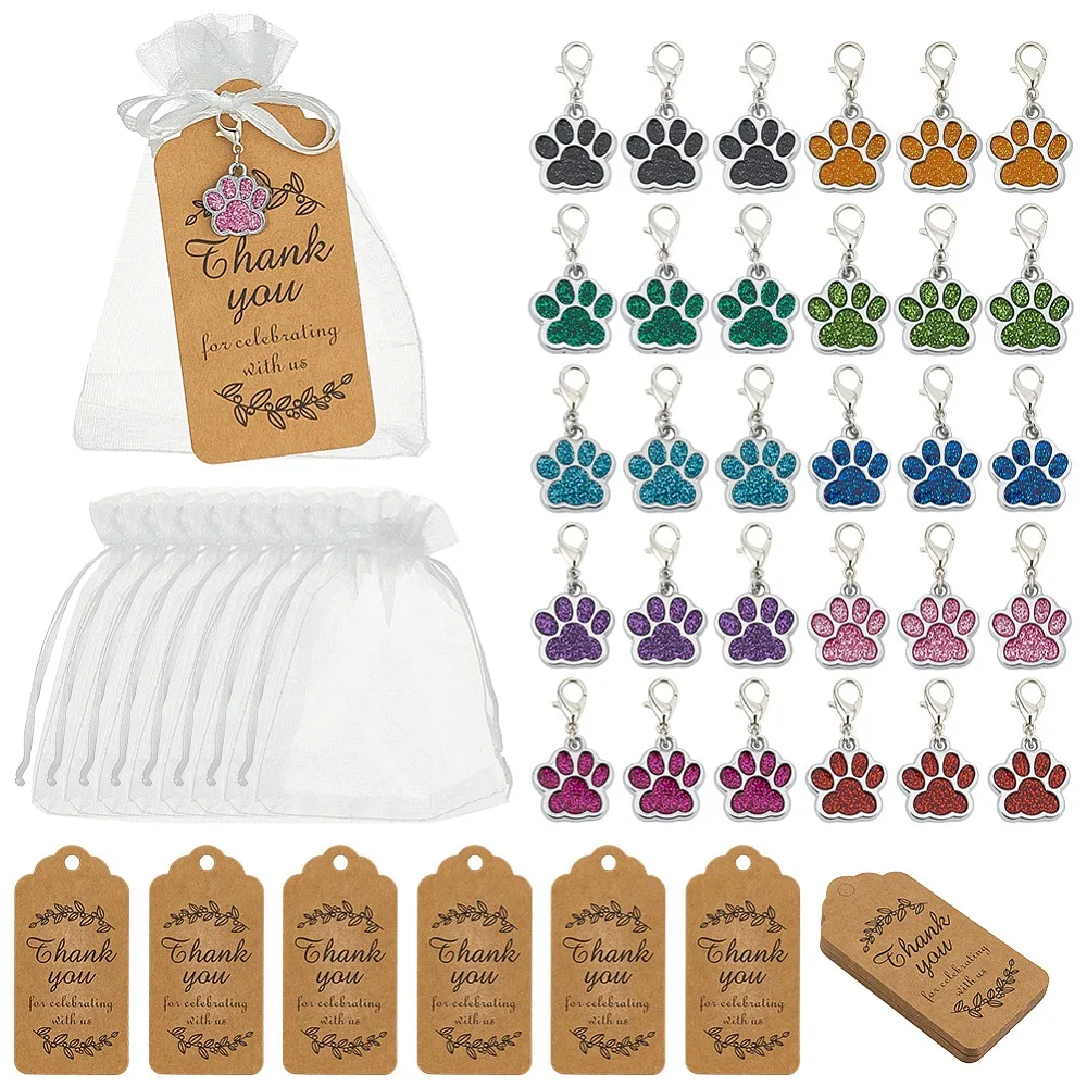 

30Pcs 10 Colors Alloy Enamel Dog Paw Prints Pendant Decorations with Glitter Powder Lobster Claw Clasps Platinum