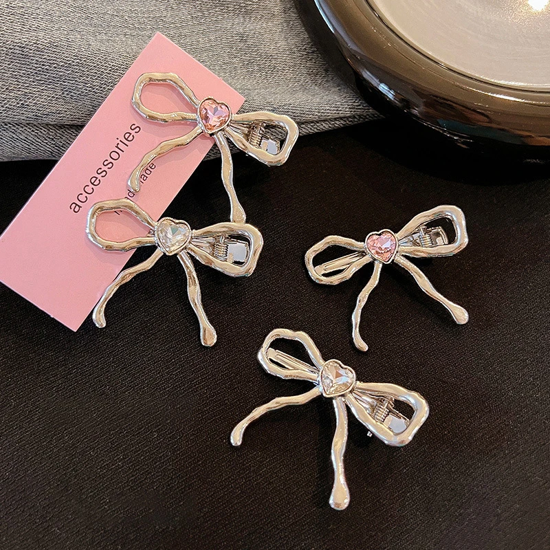 Metal Bowknot Heart Crystal Barrettes Hairpin Women Elegant Side Bangs Duckbill Clip Women Girls Hairclip Hair Accessories