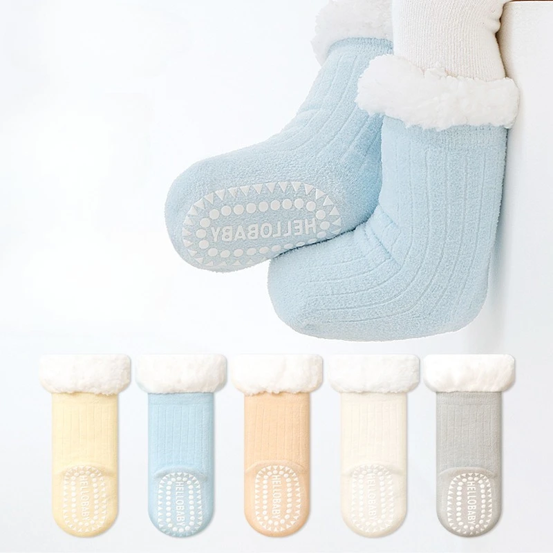 1 Pair Warm Newborn Winter Socks Solid Color Thermal Cotton Lined Booties with Seamless Design Toddler Sock for Baby Boy Girl