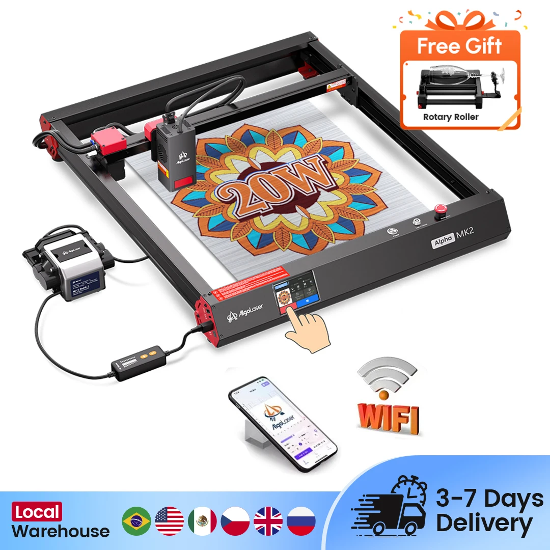 

Alpha MK2 20W Laser Engraver with Rotary Roller Smart Screen Algolaser DIY Wood Metal High-precision Engraving Cutting Machine