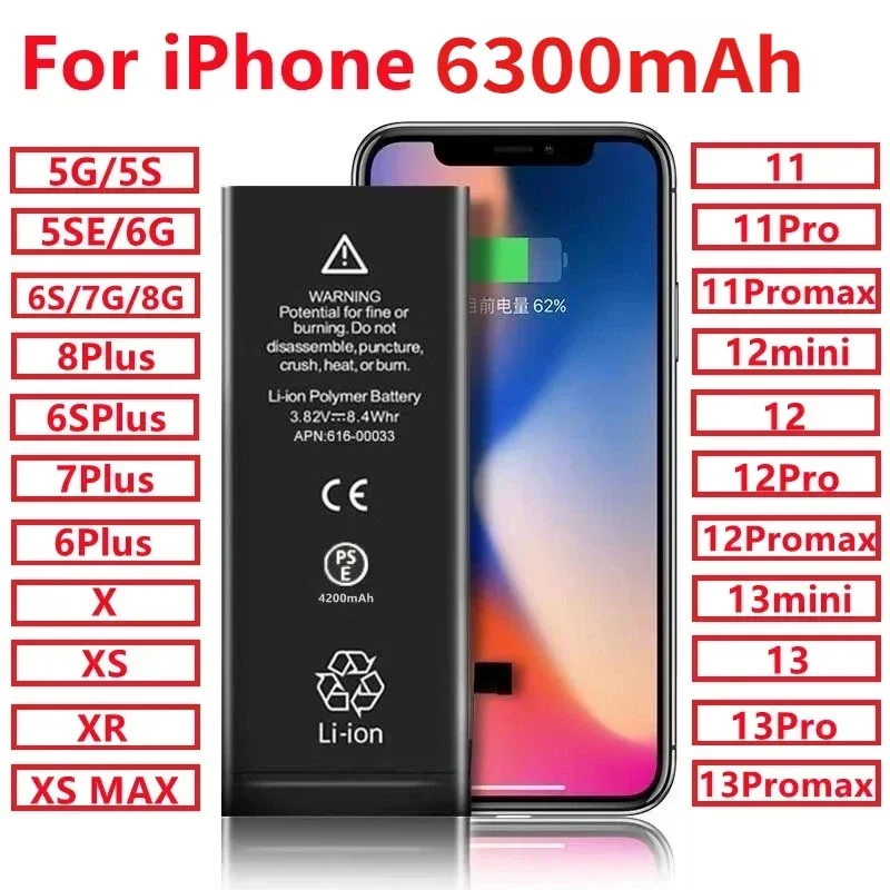 Replacement Bateria for IPhone 5S 6 6S 7 8 Plus X XR XS Max 11 12 13 Pro Max Mini Original Mobile Phone Battery 6300mAh