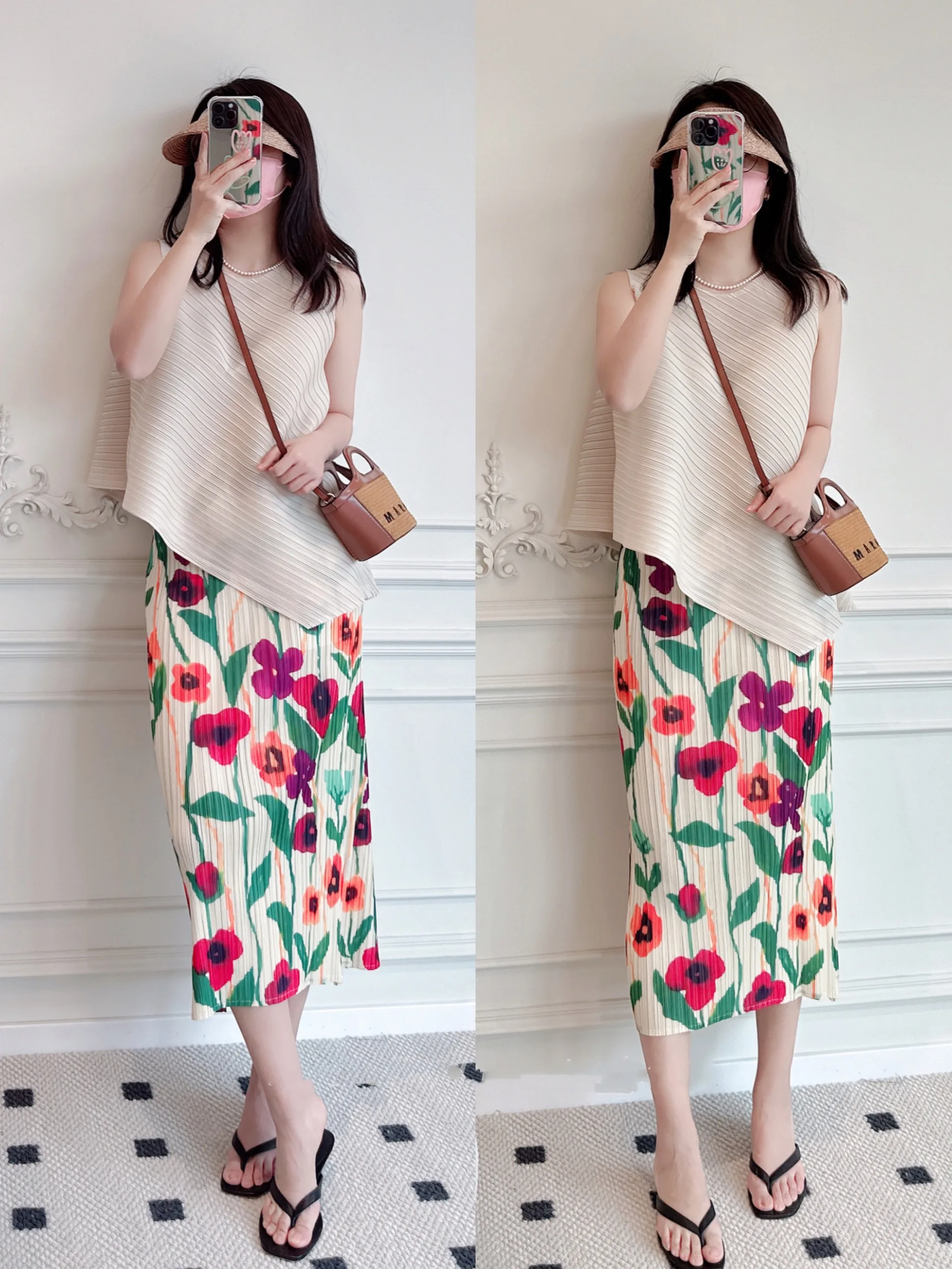 Set Rok Lipit Motif Artistik Pinggang Tinggi dan Atasan Slim untuk Wanita Musim Panas Bahan Poliester