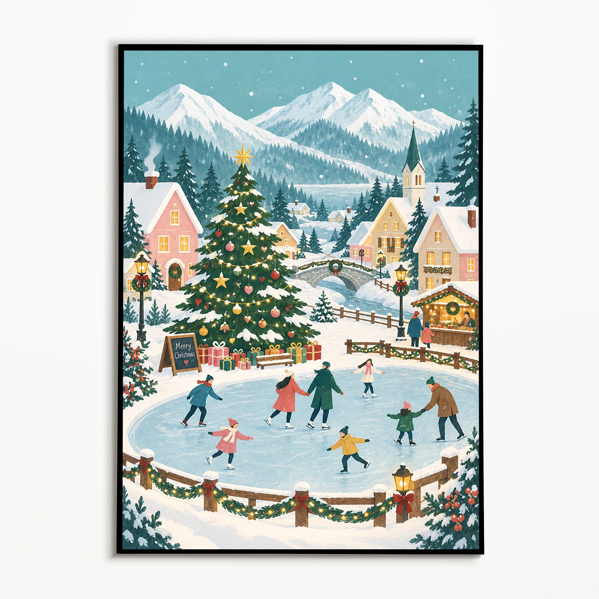 1PC,Vintage Wall Art Christmas Ice Skating Town Posters Winter Canvas Painting Home Decor Room Wall Decor Gallery Wall Prints
