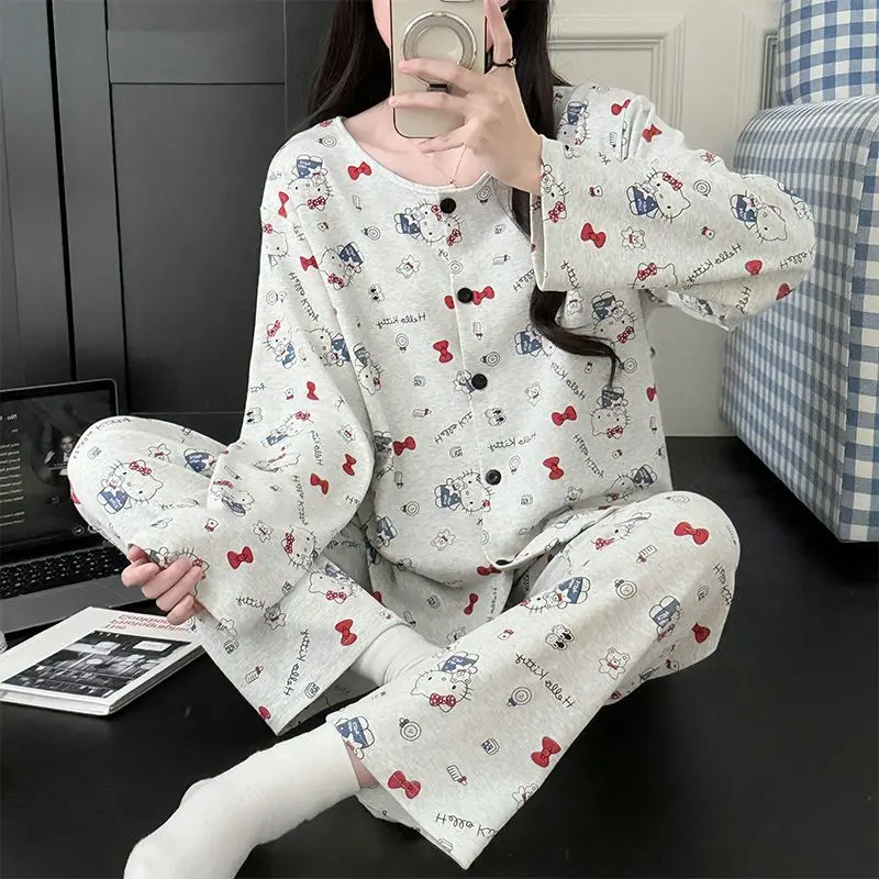 

Пижамы Sanrio из чистого хлопка, 2 шт., Hello Kitty, с круглым вырезом и длинными рукавами, осенне-зимний стиль, домашняя одежда, которую можно носить на улице, хит продаж