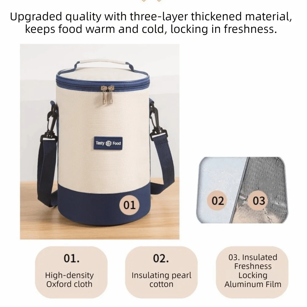 Oxford Cloth Cylindrical Insulated Lunch Bag Large Capacity Aluminum Foil Lining Lunch Box Bag Oil Resistant