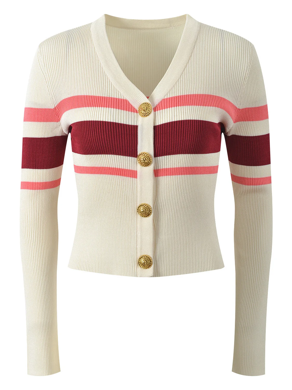 

Весна 2026: Модный женский вязаный кардиган Slim Fit с V-образным вырезом, золотыми пуговицами, в полоску, с длинными рукавами