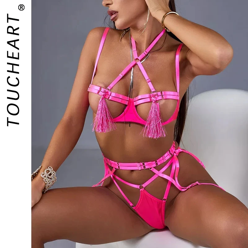 Toucheart Sensual Sexy Adult Lingeries Ensemble Femmes Hot Tassel Bra Attractive Chest Suspenders G-String Babydooll Bra Sets