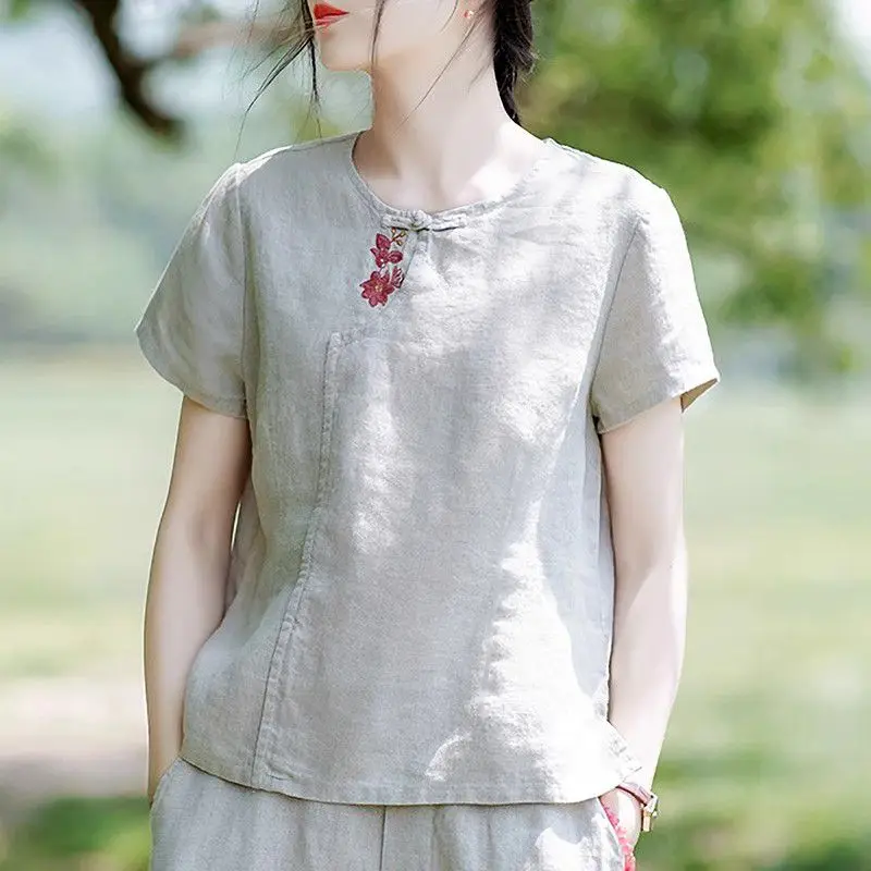 Women Summer Elegant Loose Chinese Style Embroidered Flax O-neck Short Sleeve T-Shirt Women Clothes Casual Appear Thin Top Tee