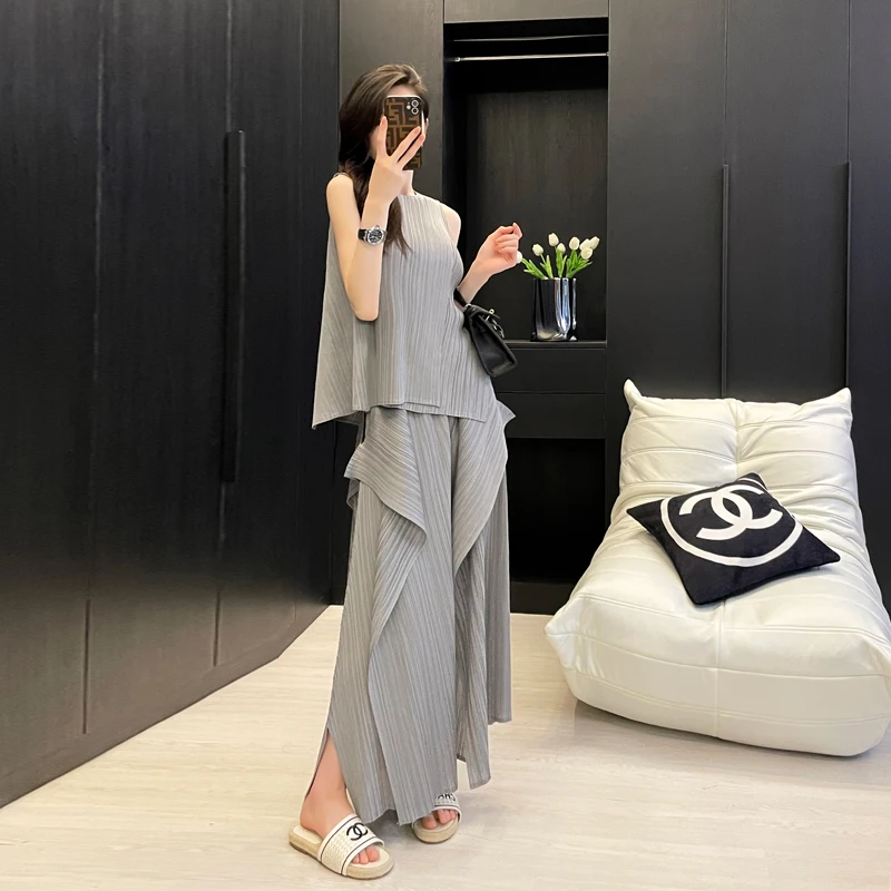 Miyake Pleated Irregular Sleeveless Top and Pants Set Japanese Classic Wide Leg Pants Two Piece Set  Aesthetic Clothes