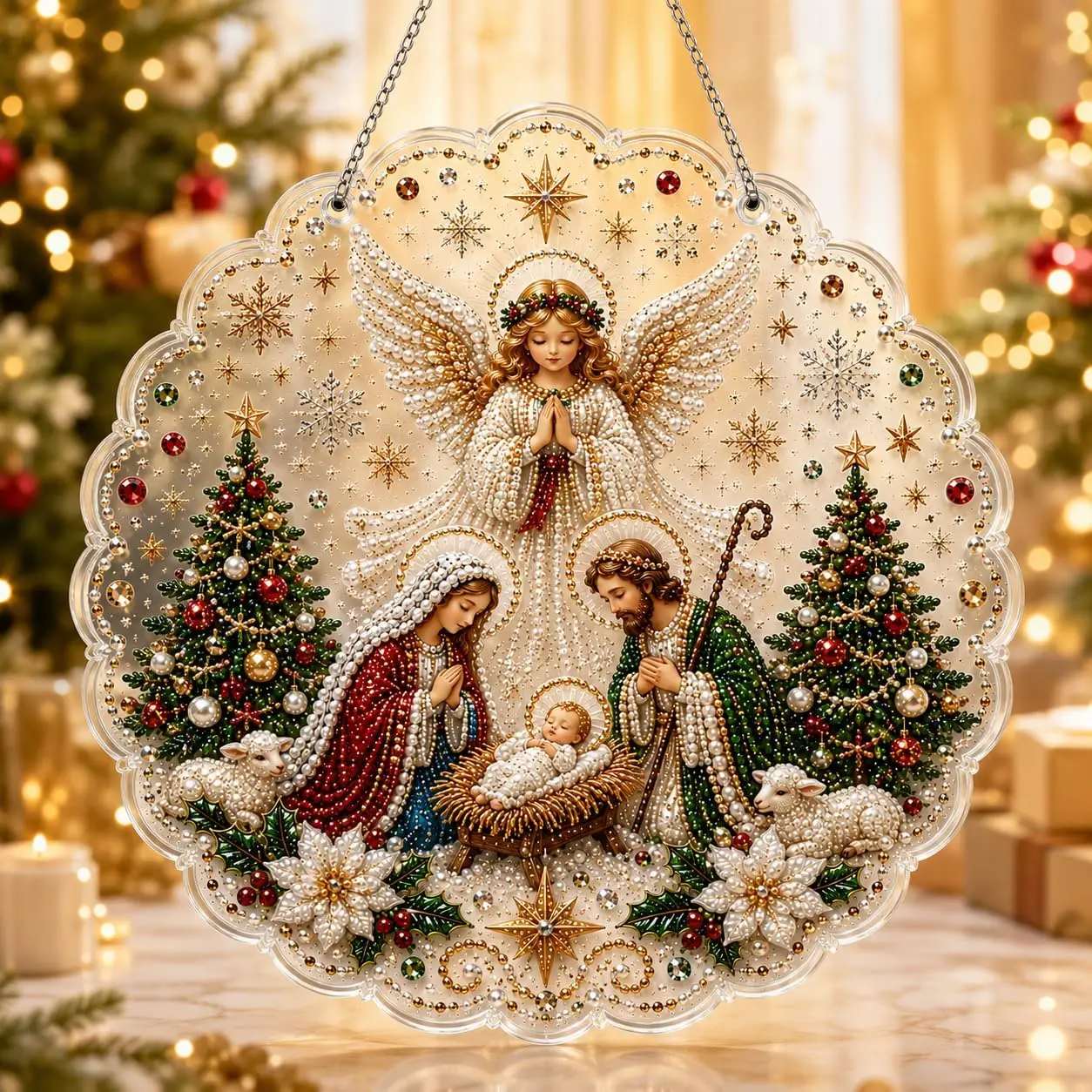 2D Flat Christmas Pearl Diamond Art Dreamcatcher DIY Kit,12 Inch Nativity Scene Acrylic Craft with Holy Family Angel Chain
