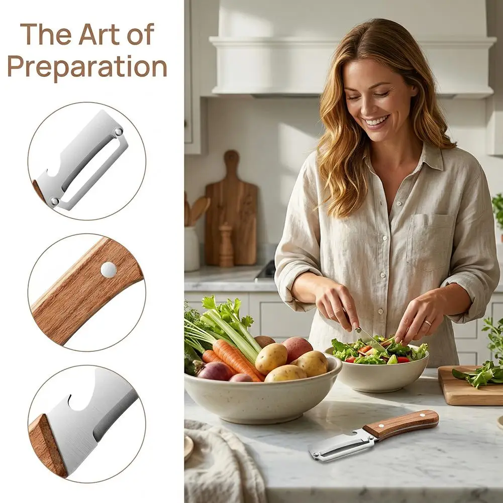 Stainless steel peeler with wooden handle for peeling and slicing fruits and vegetables Durable and smooth operation